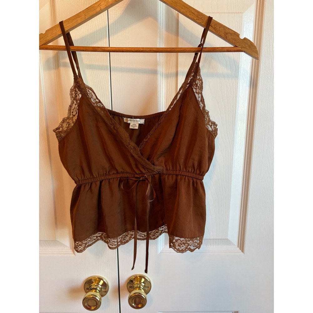 American Eagle Brown Lace Trim Cami Top Satin Wrap Empire Waist Small